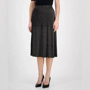 T Tahari Women's Metallic Pleated Pull-On Midi Skirt Black‎ Gold Sparkle size XL